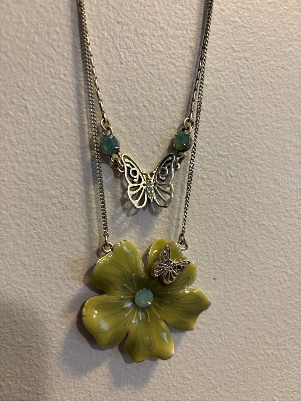Pilgrim Silver Necklace with Lime Green Flower & Turquoise Accents